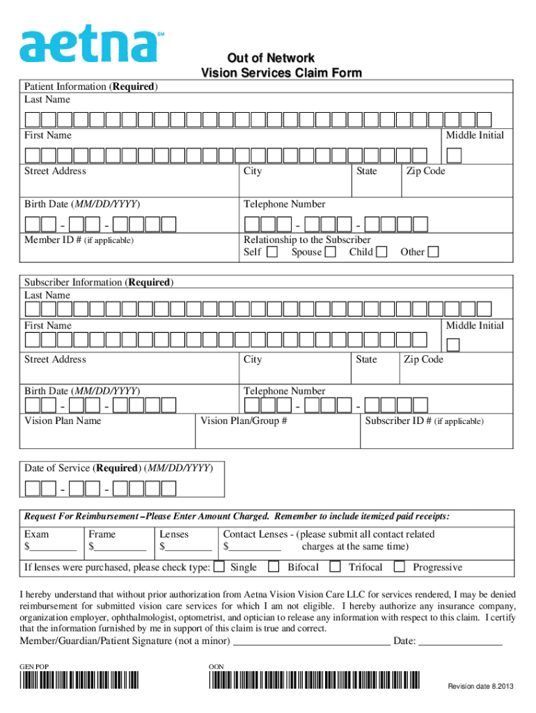 2013 2024 Aetna Out of Network Vision Services Claim Form Fill Online 