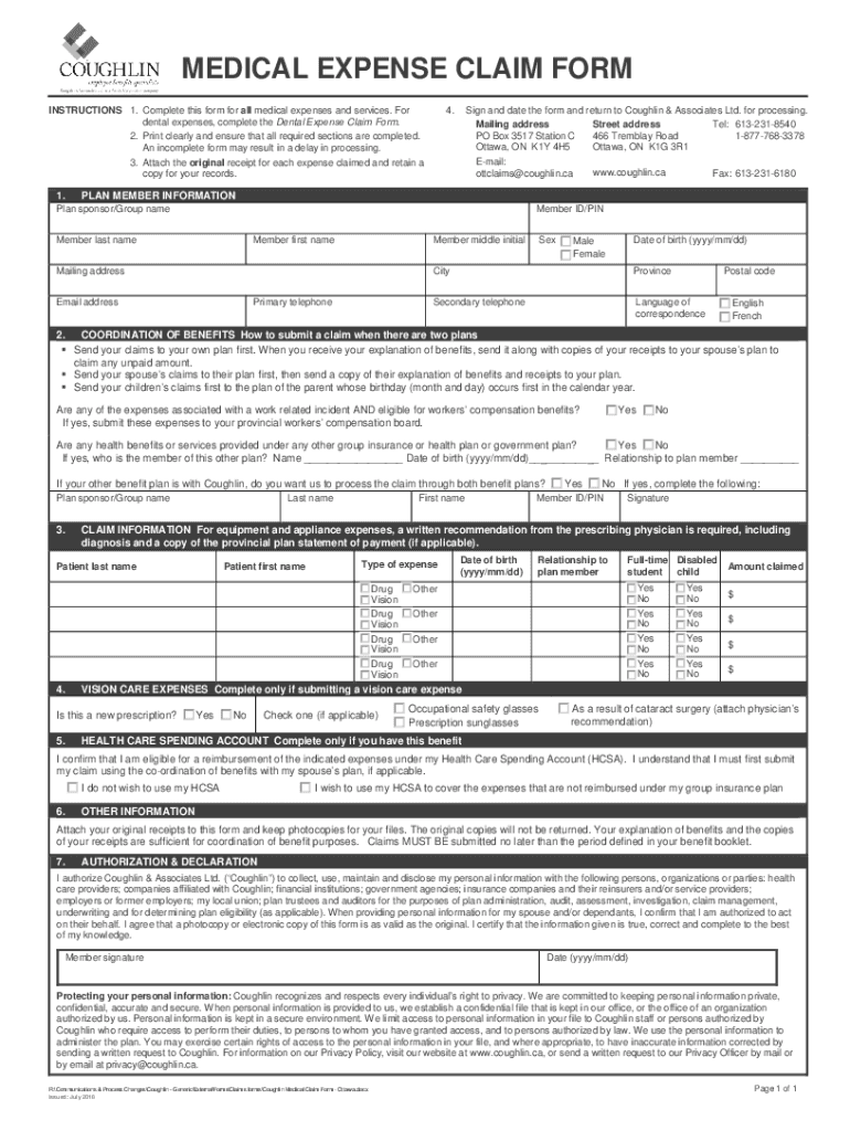 2018 Canada Coughlin Medical Expense Claim Form Fill Online Printable 