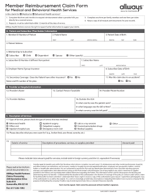 2021 2024 Form Allways Health Partners Member Reimbursement Claim Fill 