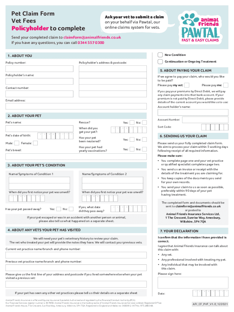 2021 UK Animal Friends Pet Insurance Pet Claim Form Vet Fees Fill 