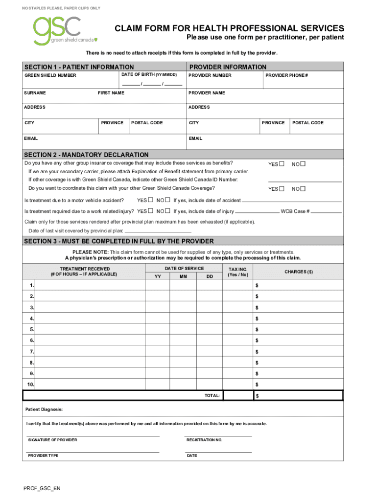 2022 2024 Canada Green Shield Claim Form For Health Professional 