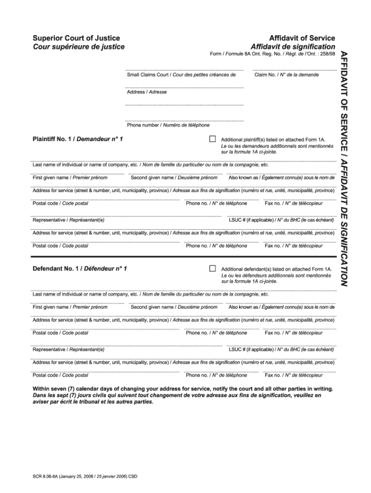 Affidavit Of Service Ontario Form 8a Printable Form 2022