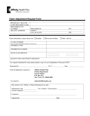 Affinity Health Plan Claim Adjustment Request Form Instructions