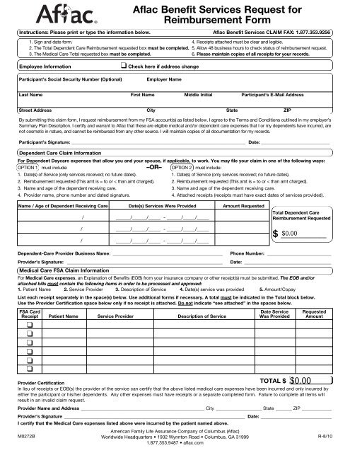 Aflac Benefit Services Request For Reimbursement Form