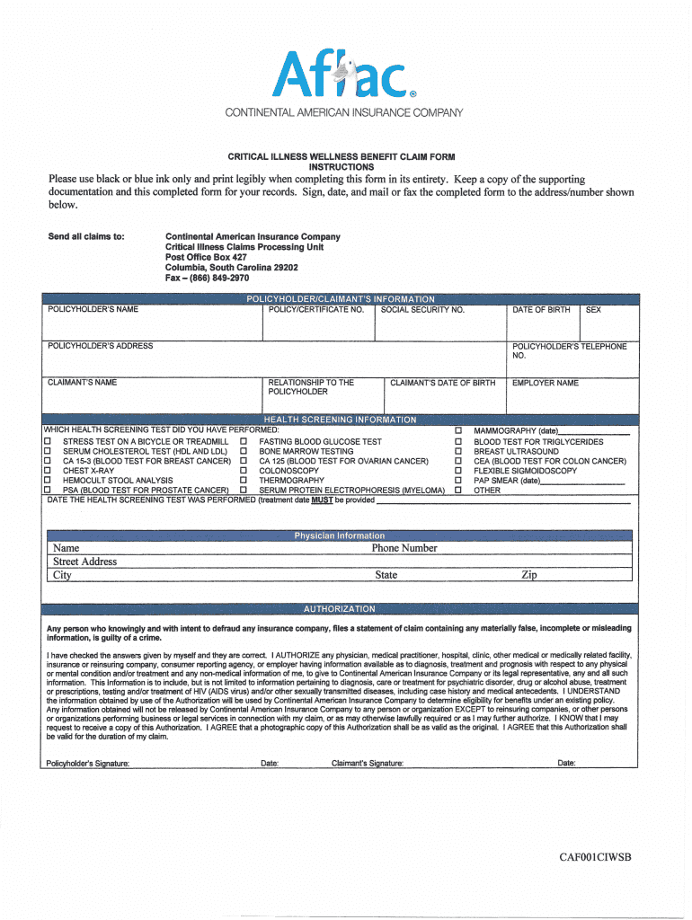 Aflac Critical Illness Wellness Claim Form Fill Online Printable 