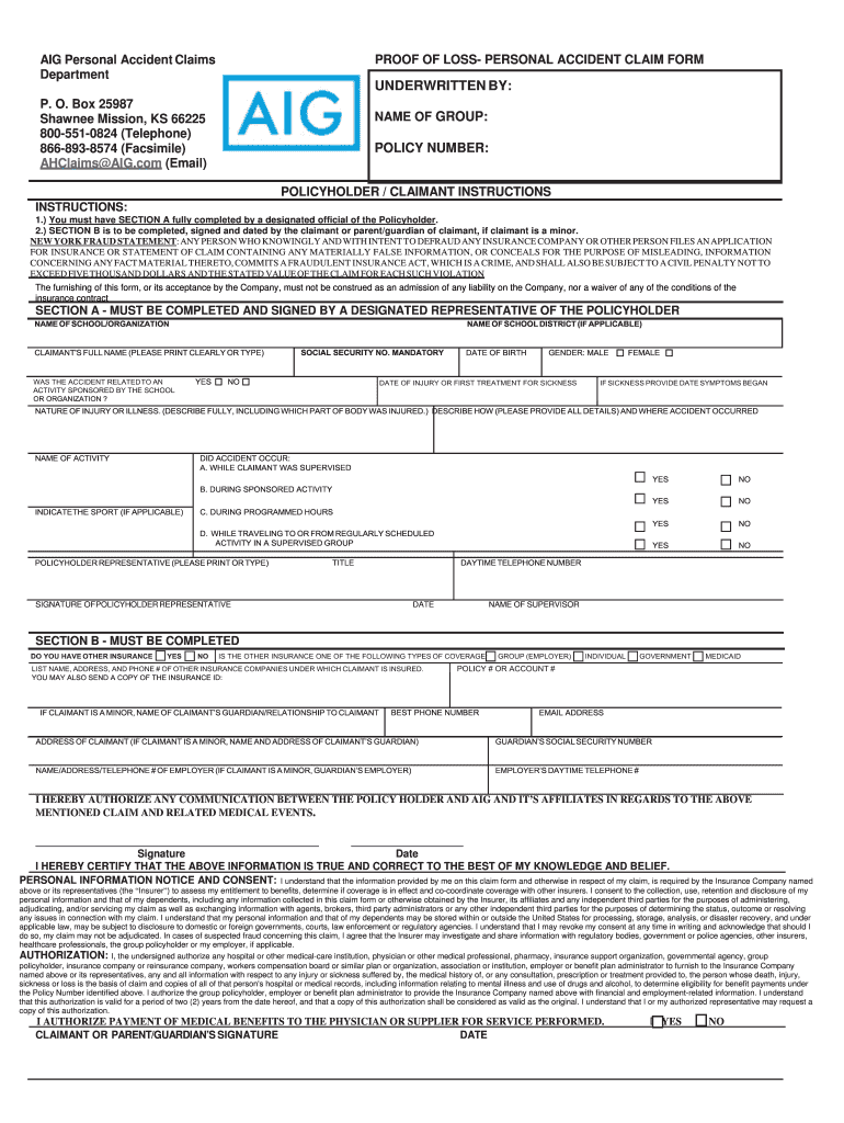 AIG Personal Accident Claim Form Fill And Sign Printable Template 