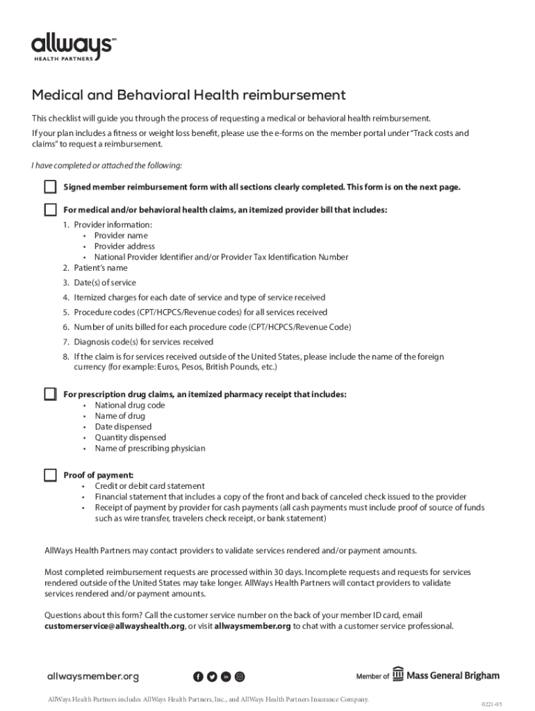 Allways Health Partners Member Reimbursement Claim 2021 2022 Fill And