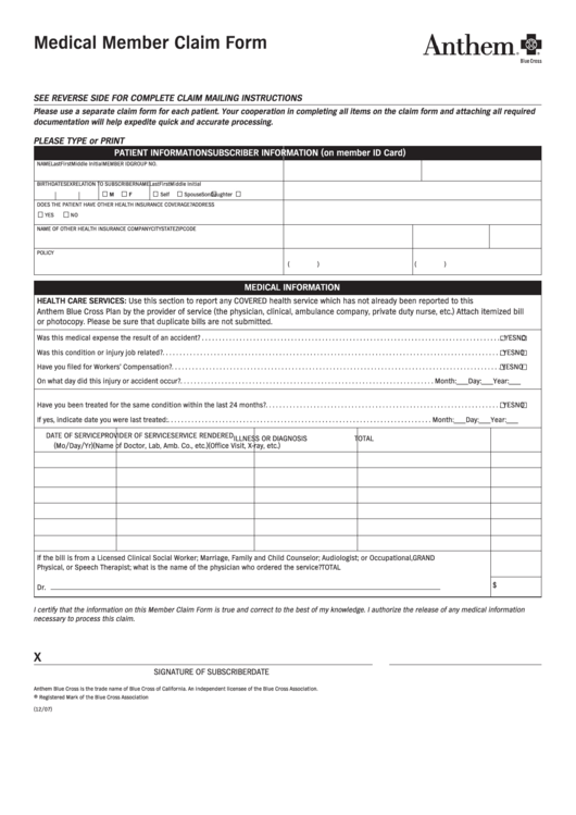 Anthem Fillable Medical Claim Form Printable Forms Free Online