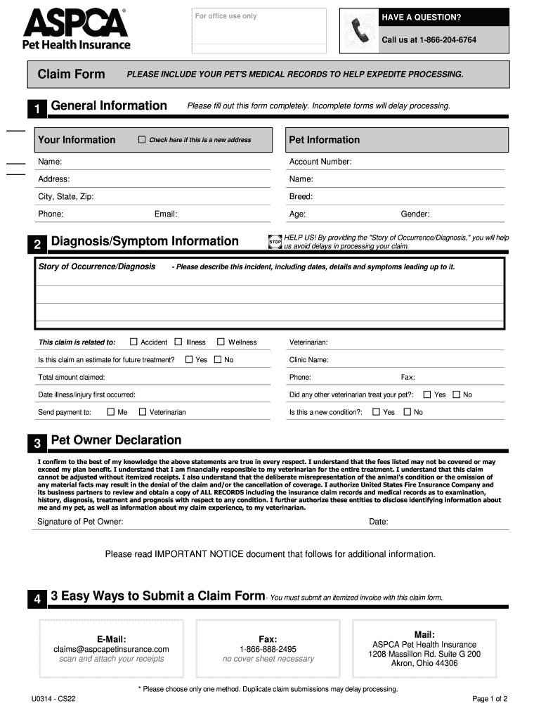 Aspca Pet Insurance Claim Form Fill Online Printable Fillable 