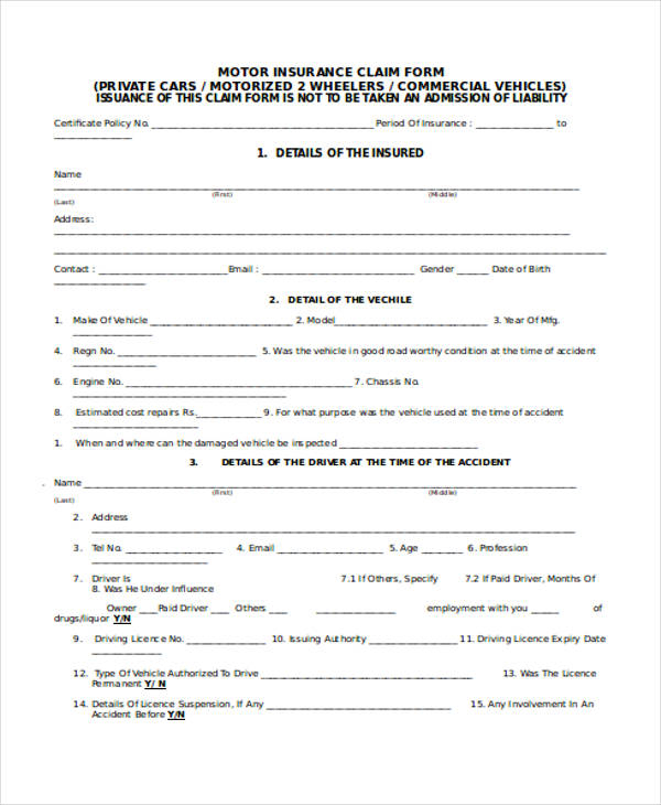 Auto Insurance Claim Form Template