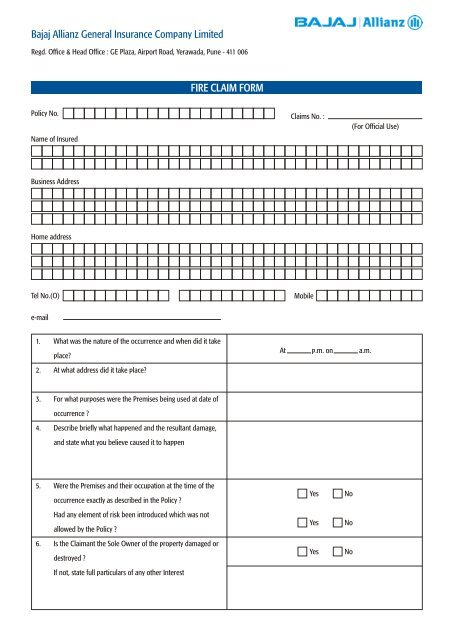 Bajaj Allianz General Insurance Company Limited FIRE CLAIM FORM