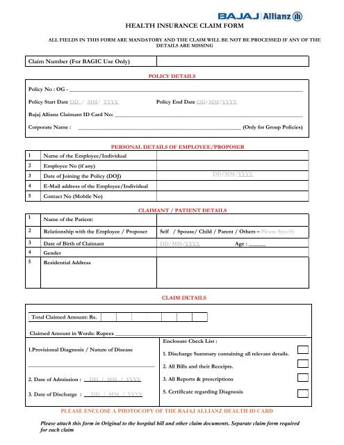 Bajaj Allianz Health Insurance Claim Form Sample ClaimForms