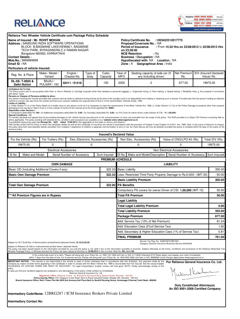 Bike Insurance Copy Pdf Download Fill Online Printable Fillable