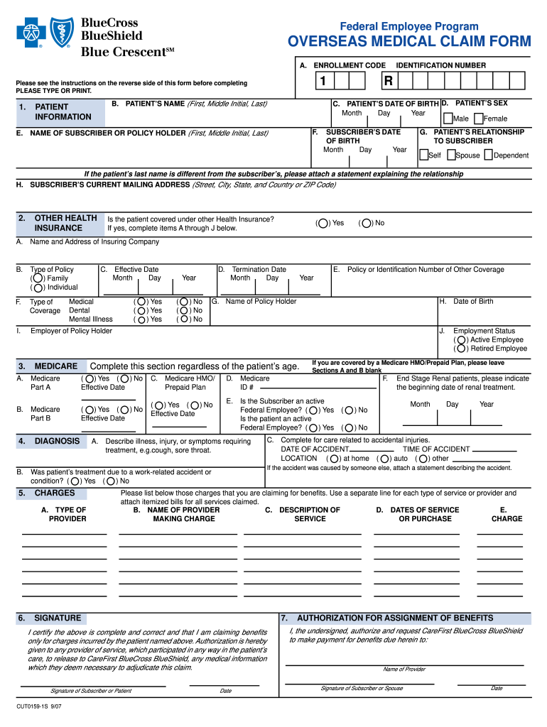 Blue Cross Blue Shield Overseas Claim Form Fill Online Printable 