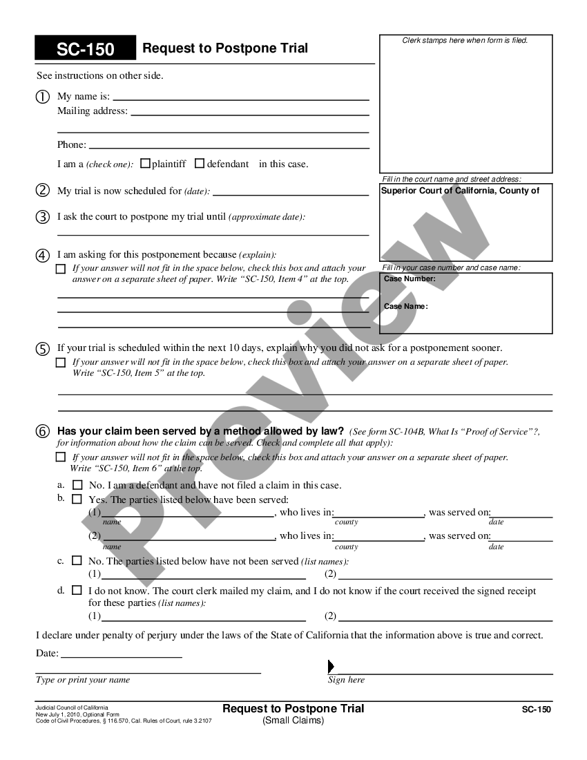 California Request To Postpone Trial Small Claims Form Sc 150 US 