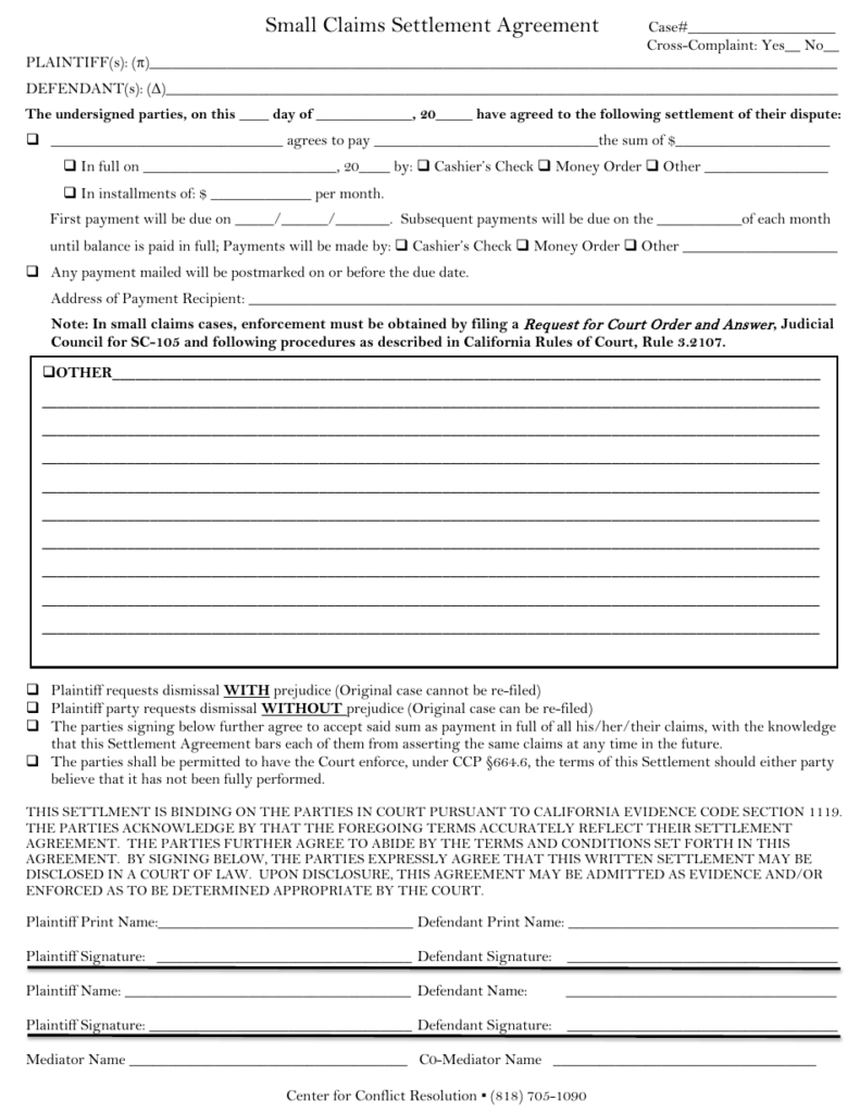 California Small Claims Settlement Agreement Form Fill Out Sign 