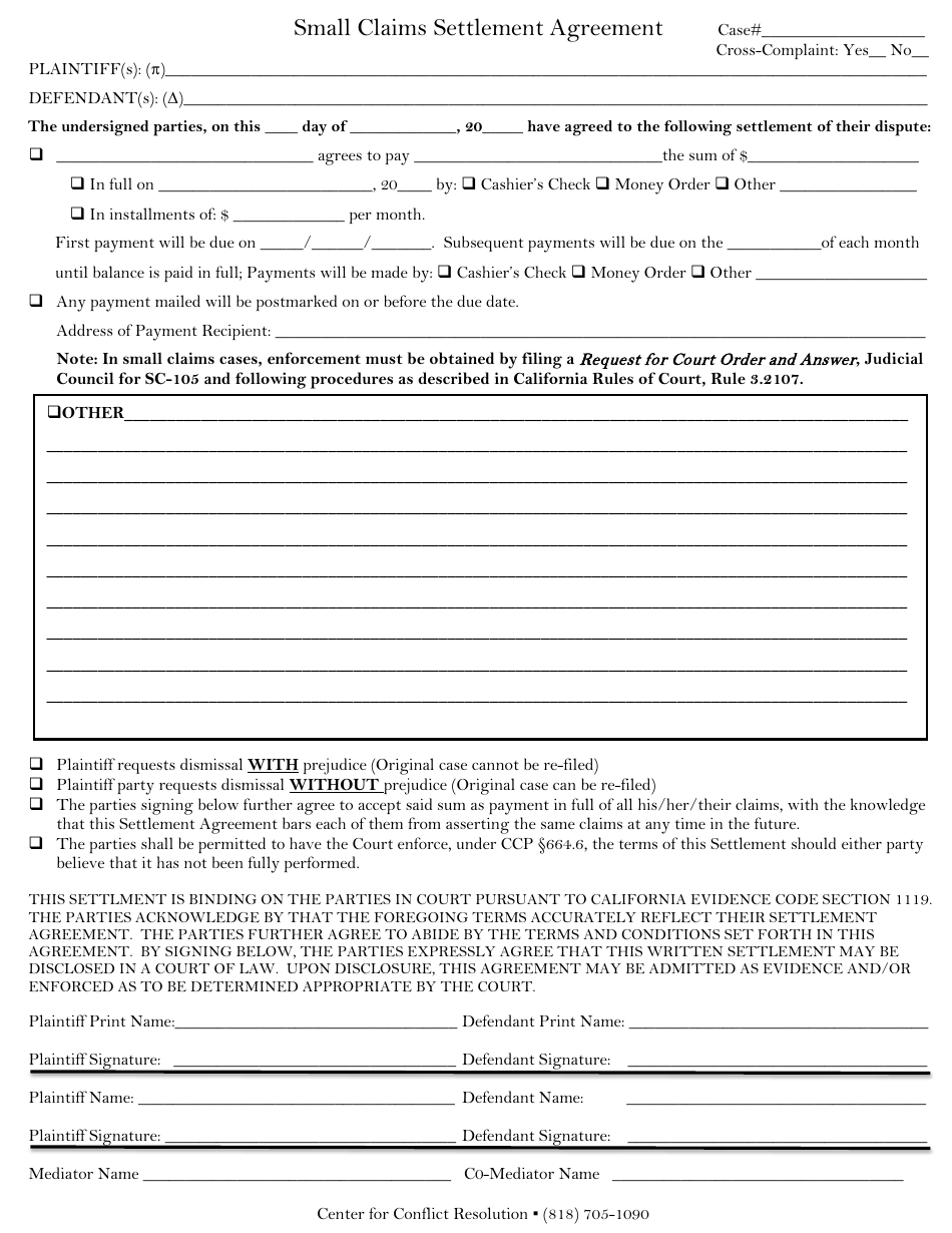 California Small Claims Settlement Agreement Form Fill Out Sign 