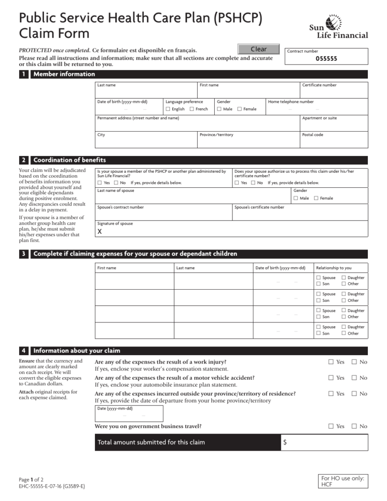 Canada Public Service Health Care Plan Pshcp Claim Form Sun Life 