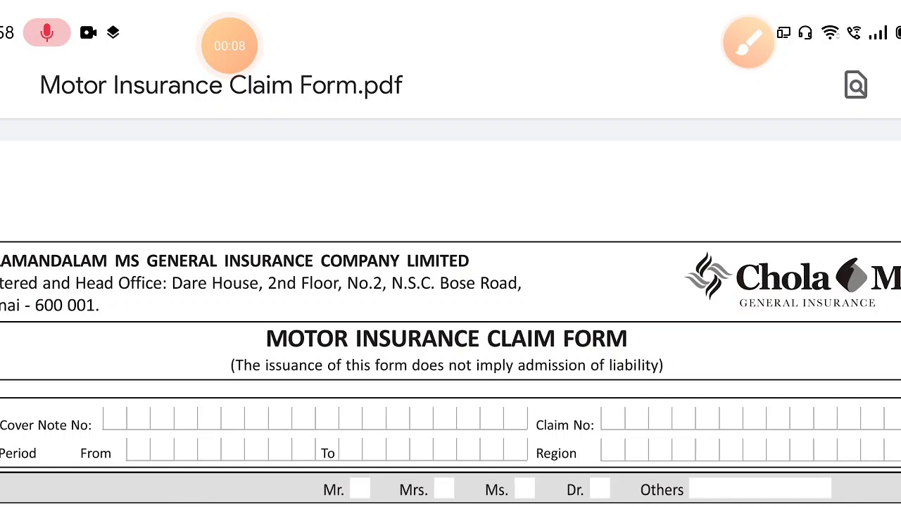 Cholamandalam Ms General Insurance motor Claim intimation claim Form 