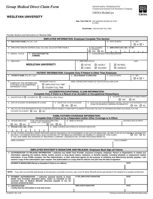 CIGNA Out Of Network Claim Form Wesleyan University