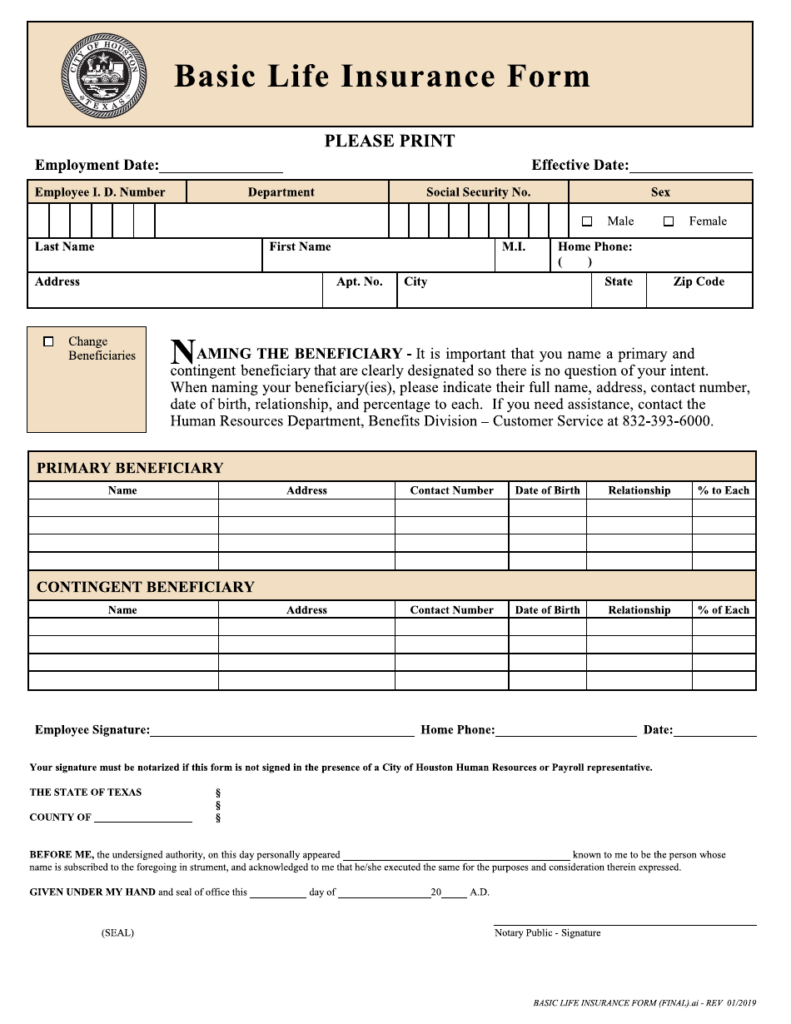 City Of Houston Texas Basic Life Insurance Form Fill Out Sign 