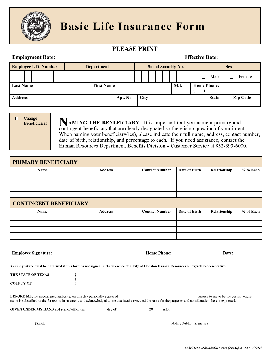 City Of Houston Texas Basic Life Insurance Form Fill Out Sign