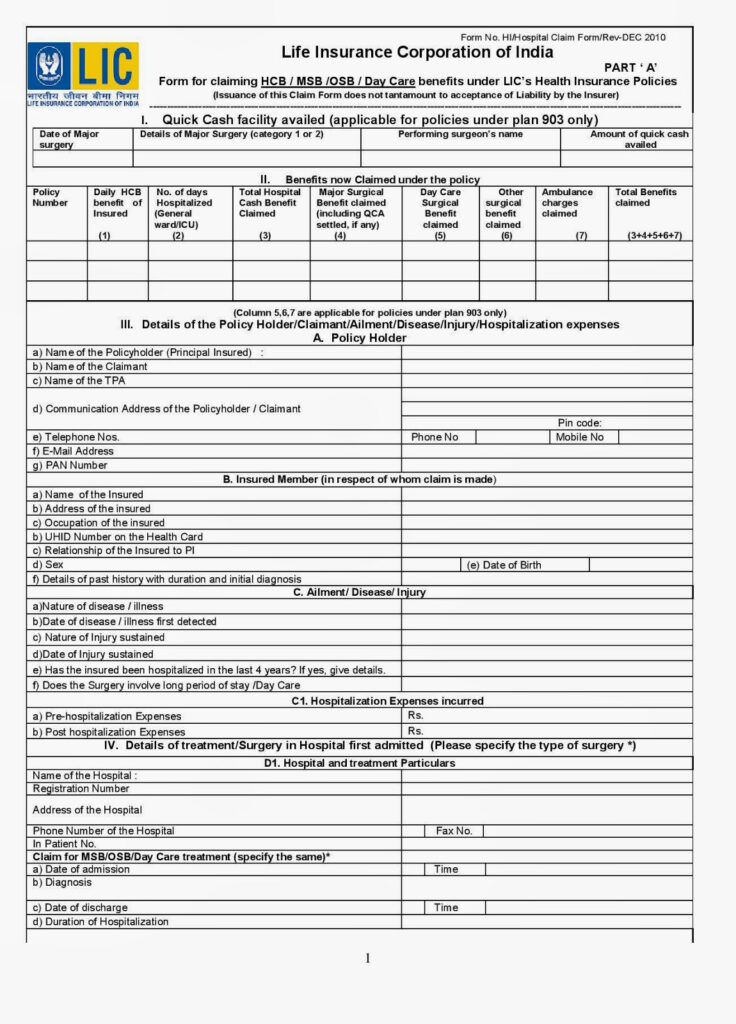 Claim Form Claim Form Lic