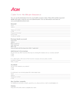 Claim Form Healthcare Insurance Aon Student Insurance Fill And Sign 