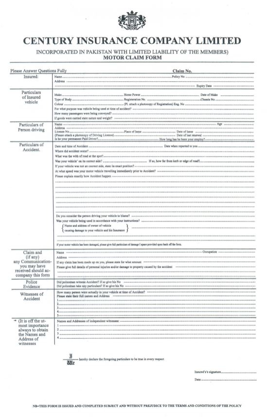 Classic Auto Zone Century Insurance Motor Claim Form