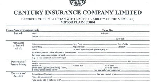 Classic Auto Zone Century Insurance Motor Claim Form