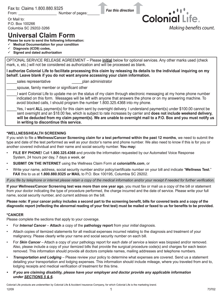 Colonial Life Universal Claim Form 2009 2021 Fill And Sign Printable 