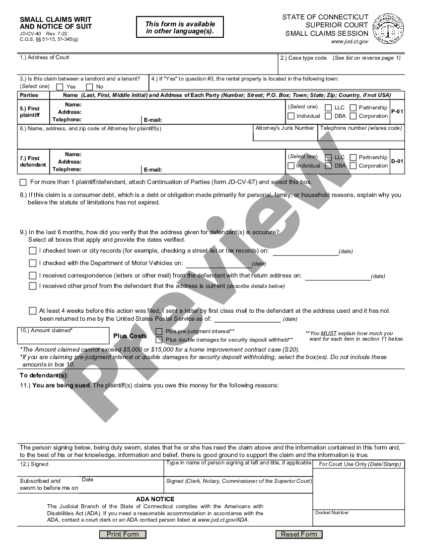 Connecticut Small Claims Writ And Notice Of Suit Small Claims Writ