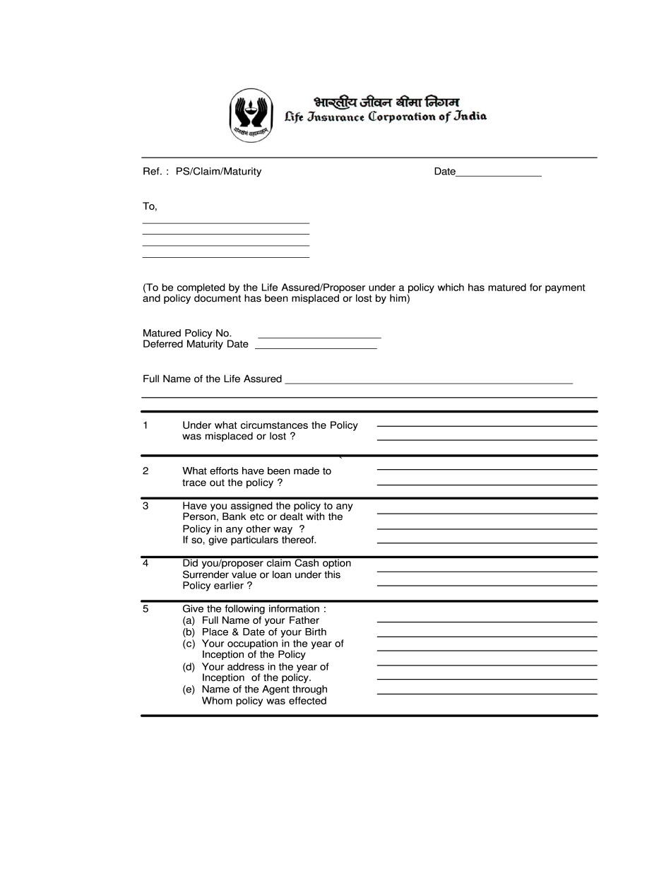 Create Fillable LIC Claim Form With Us Fastly Easyly And Securely