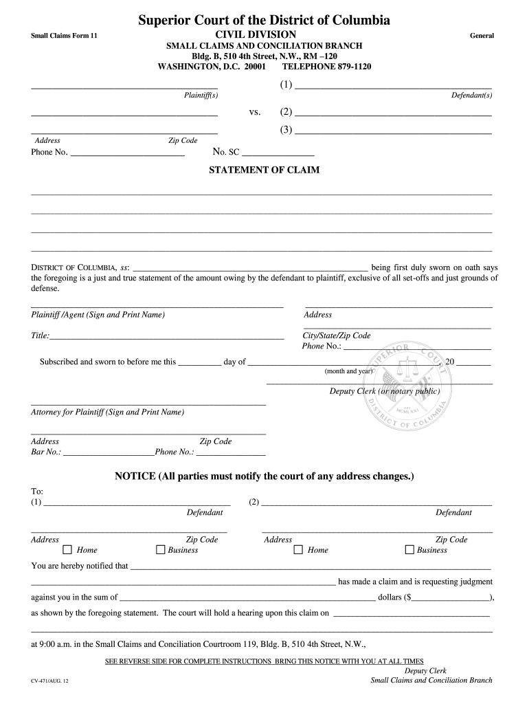 Dc Small Claims Court S 2012 2024 Form Fill Out And Sign Printable 