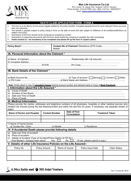 Death Claim Application Form Max Life Insurance