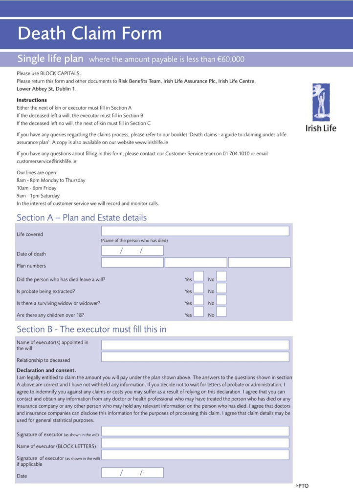 Death Claim Form Irish Life