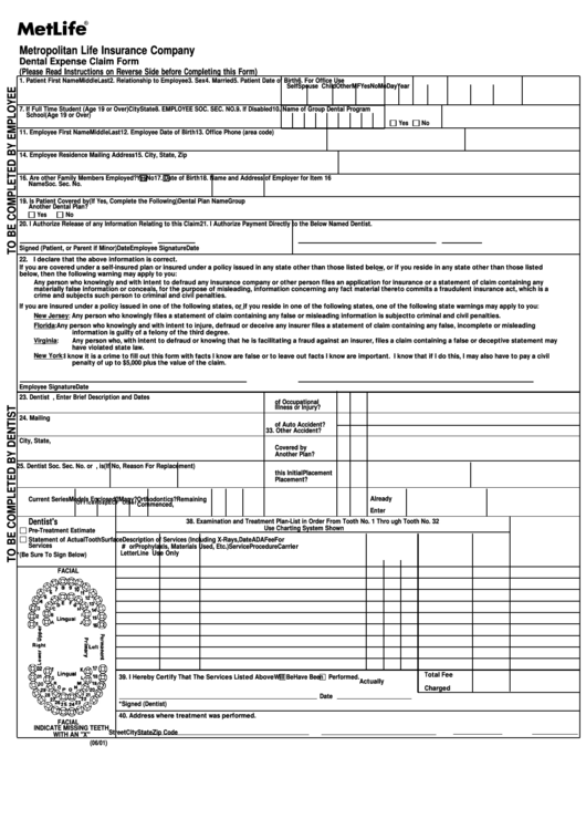 Dental Insurance Claim Form Metlife Printable Pdf Download