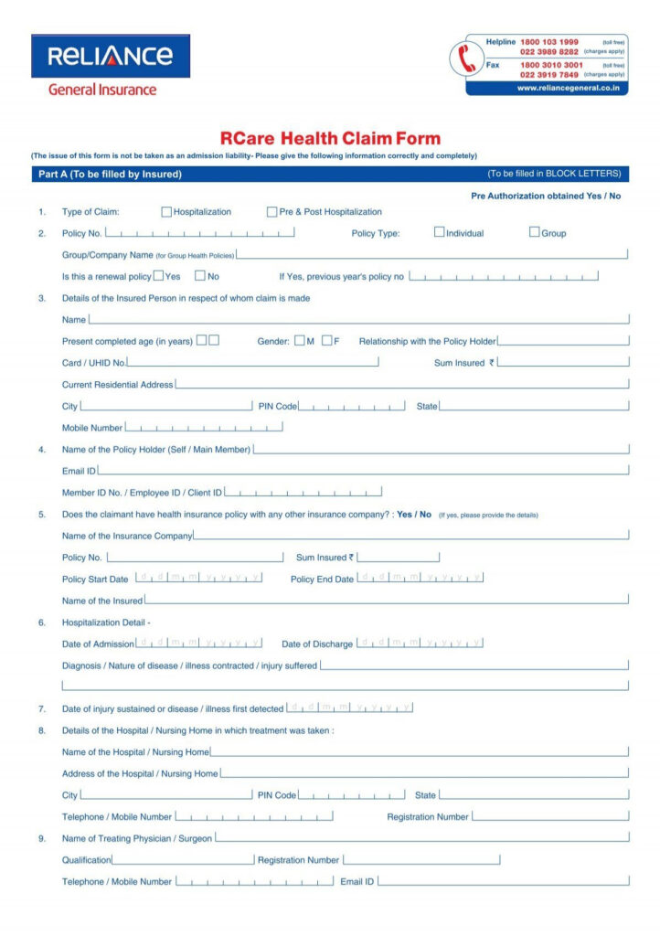 Download Claim Form Reliance General Insurance