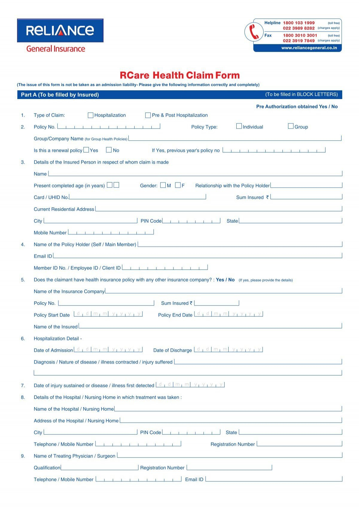 Download Claim Form Reliance General Insurance