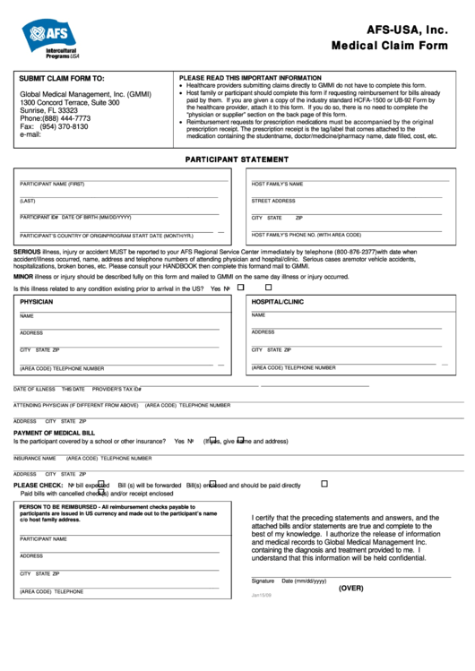 Fillable Afs Usa Inc Medical Claim Form Printable Pdf Download