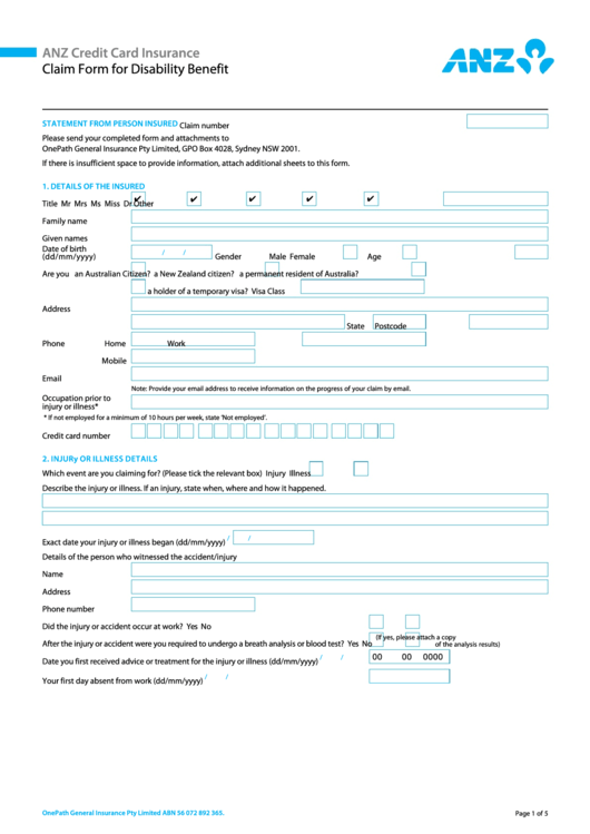 Fillable Anz Claim Form For Disability Benefit Printable Pdf Download