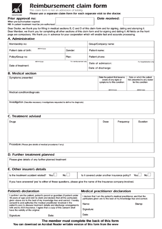 Fillable Axa Reimbursement Claim Form Printable Pdf Download 