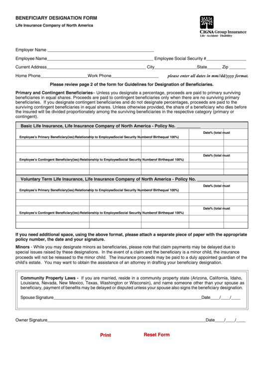 Fillable Cigna Beneficiary Designation Form Life Insurance Company Of 