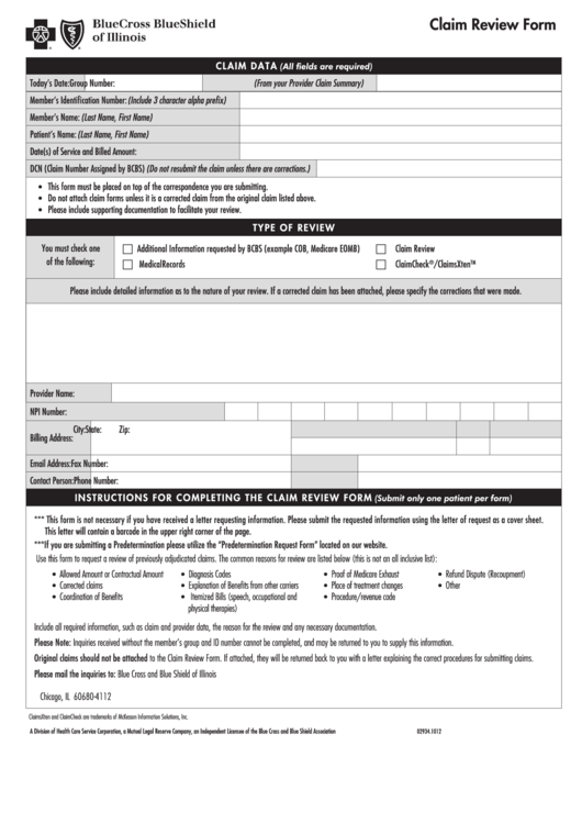 Fillable Claim Review Form Blue Cross And Blue Shield Of Texas 