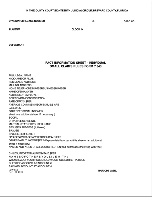 Fillable Fact Information Sheet Individual Small Claims Rules Form 7 