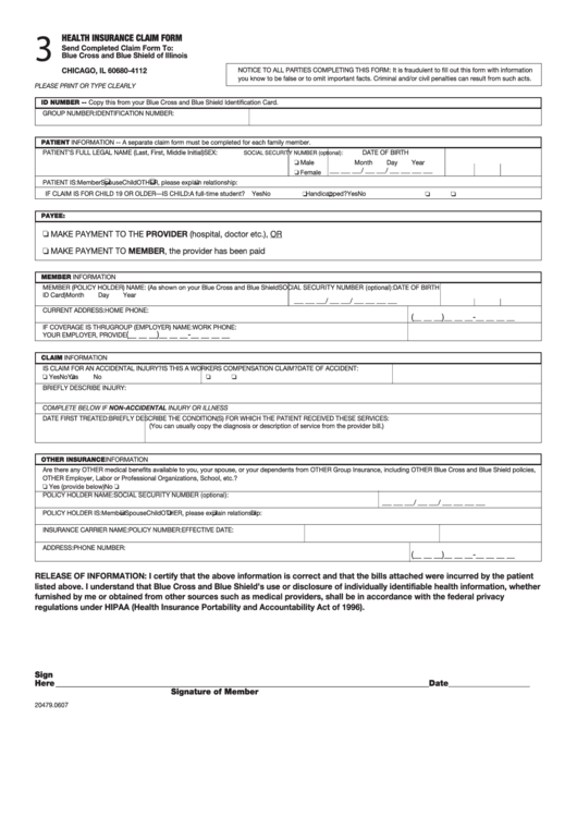 Fillable Health Insurance Claim Form Blue Cross And Blue Shield Of 