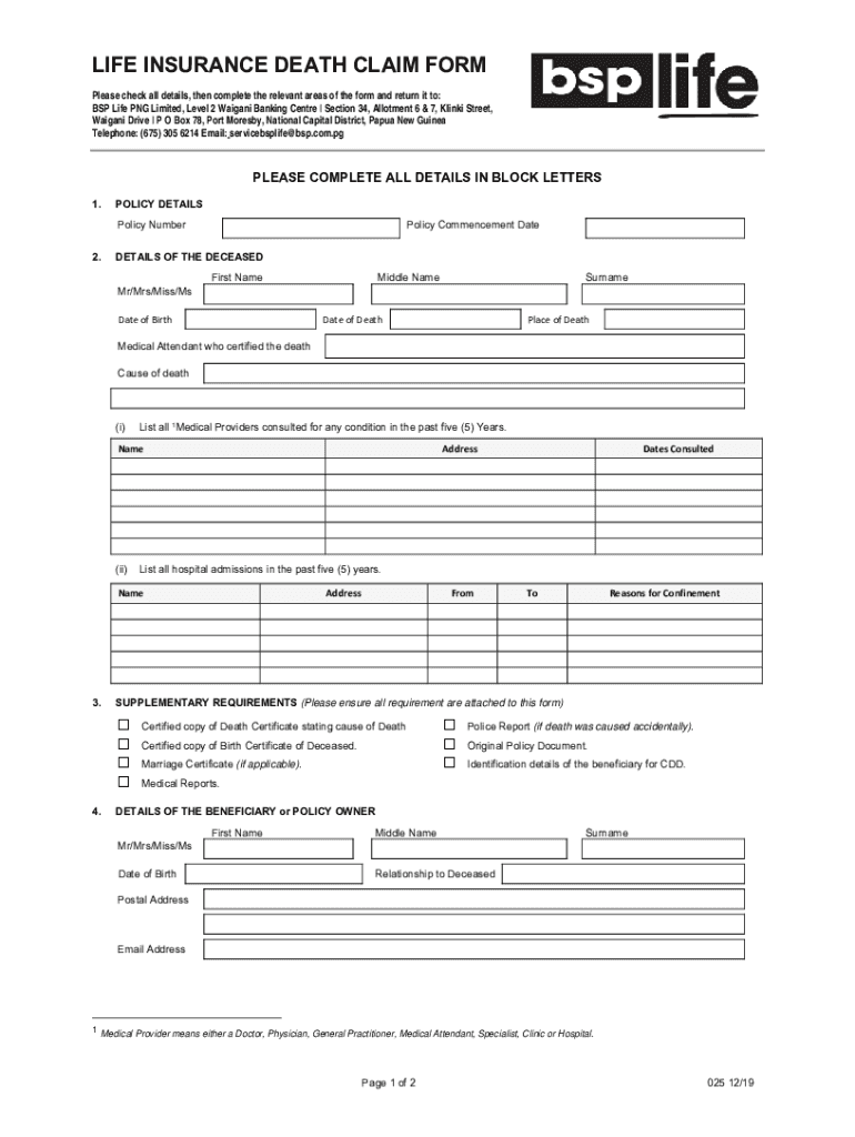 Fillable Online 025 Life Insurance Death Claim Form Fax Email Print 