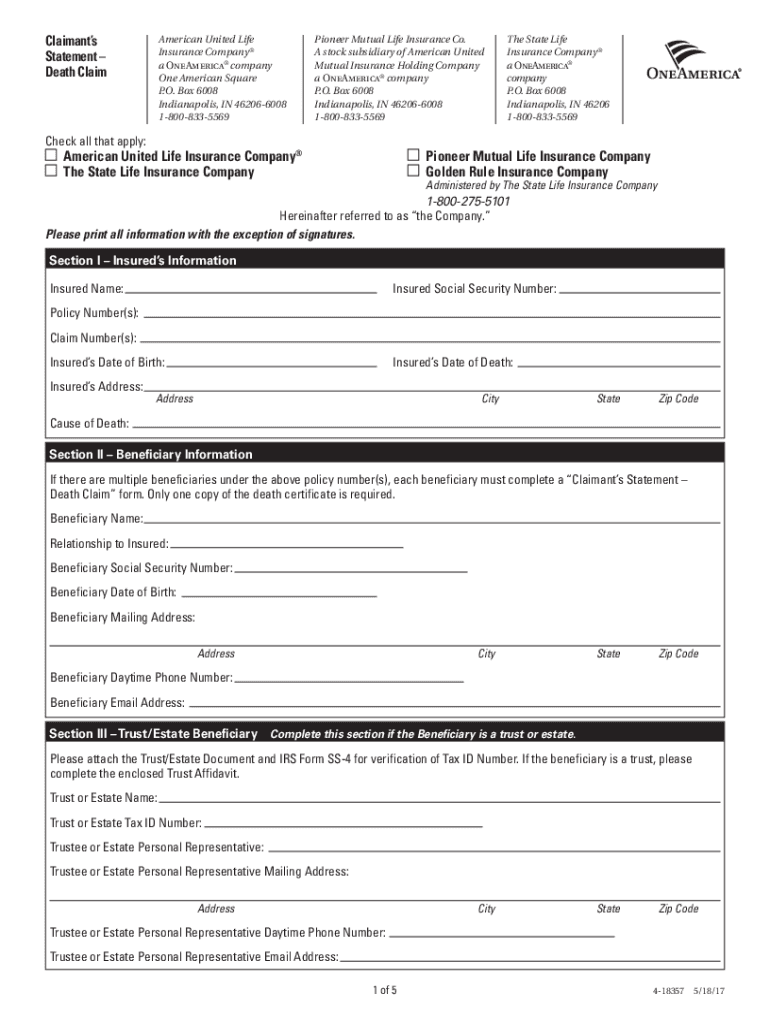 Fillable Online Accelerated Death Benefit Claim Form OneAmerica Fax 