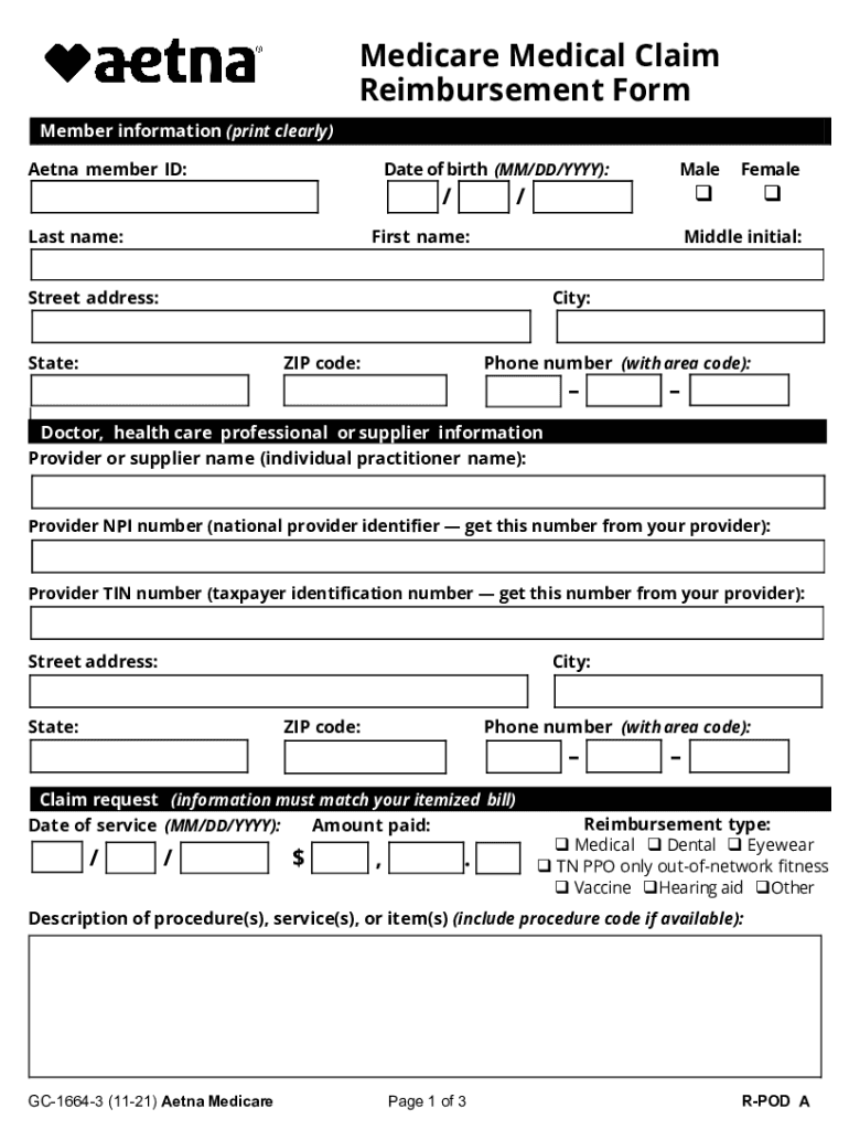 Fillable Online Aetna Medicare Medical Claim Reimbursement Form 