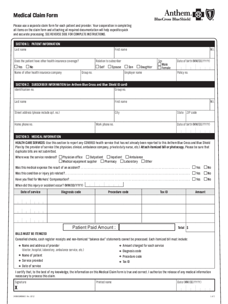 Fillable Online Anthem Blue Cross Blue Shield Medical Claim Form